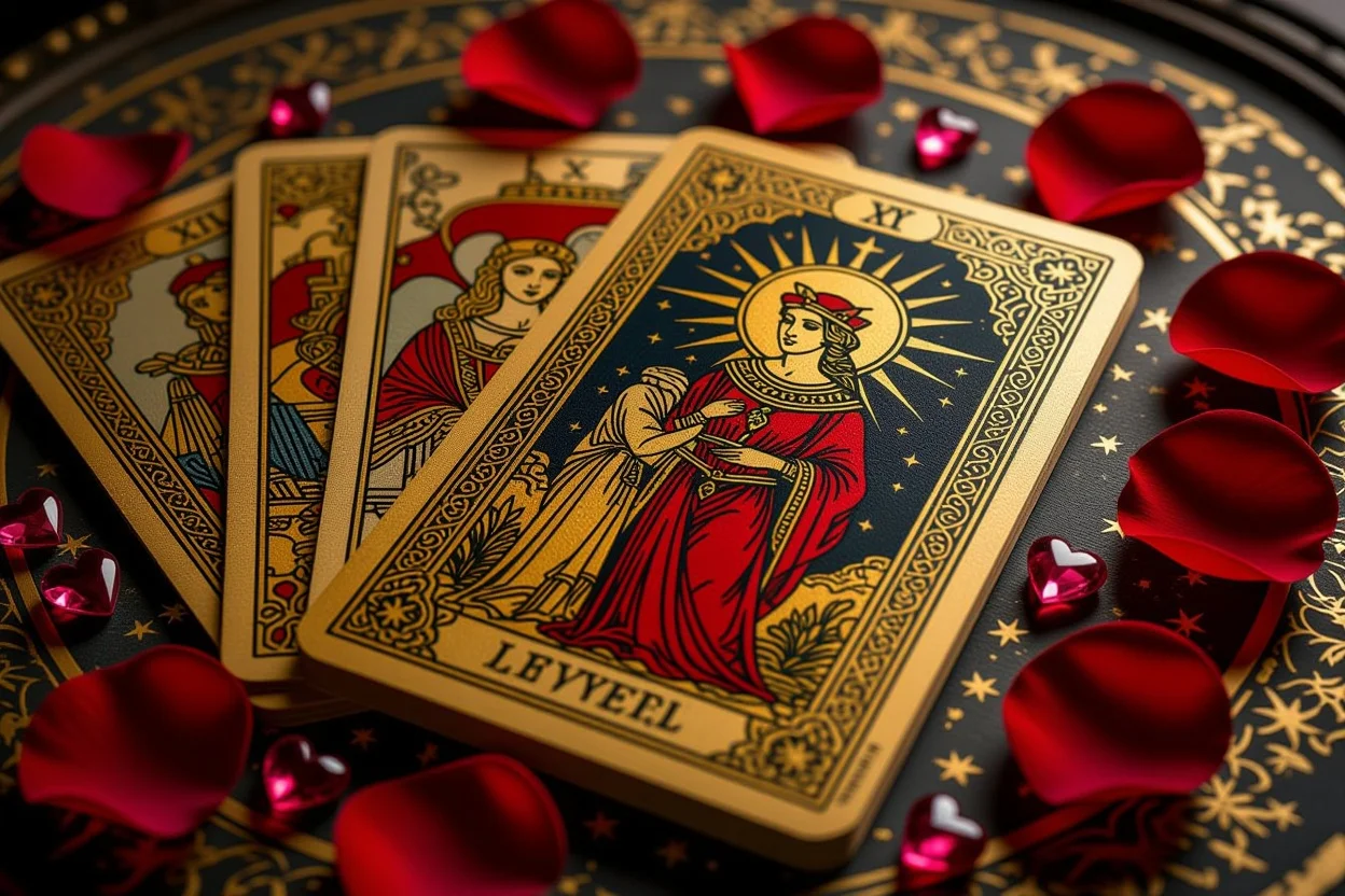 恋愛タロットカードの詳細なクローズアップ、ラバーズカードを中心とした美しいアート