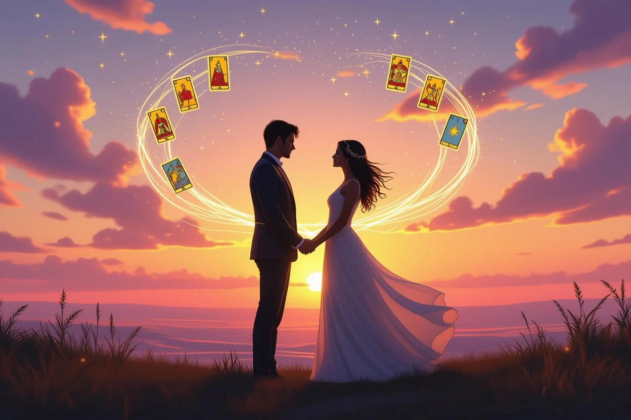 男女の魂のつながりを表現した神秘的なシーン、タロットカードが二人の絆を示している