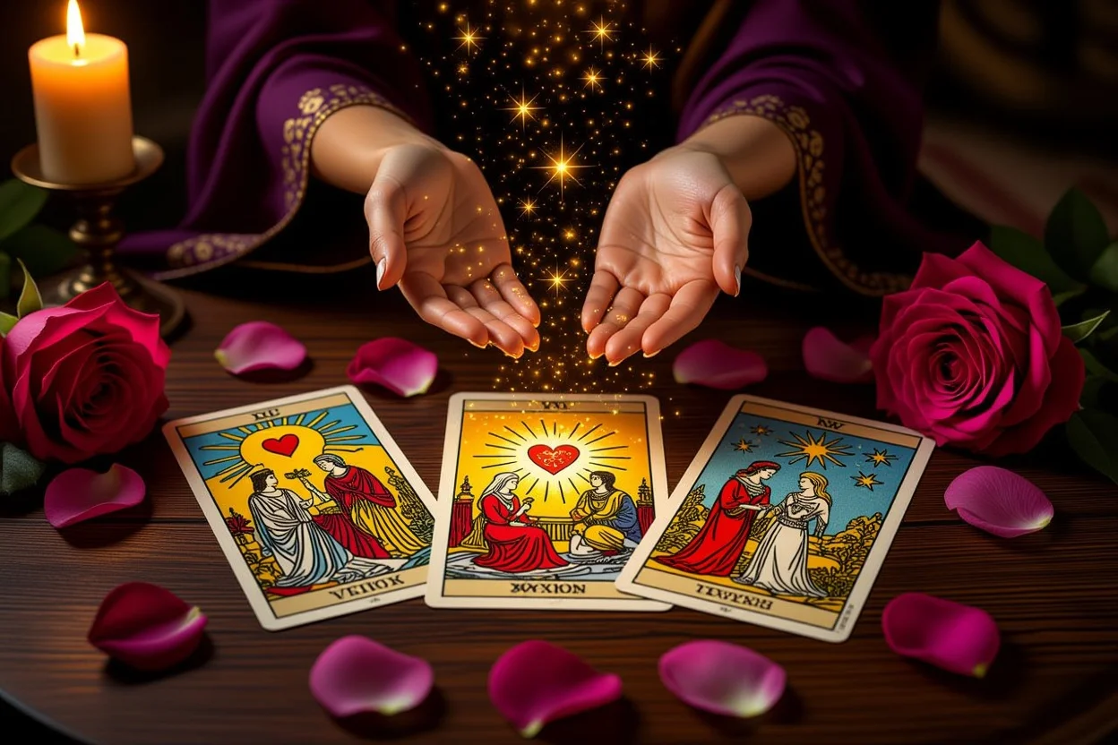 恋愛タロット占いの神秘的なリーディングシーン、キャンドルとバラの花びらに囲まれたタロットカード