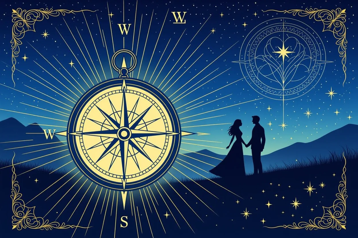 行動の羅針盤として機能するタロットカード、恋愛の方向性を示すコンパスのイメージ