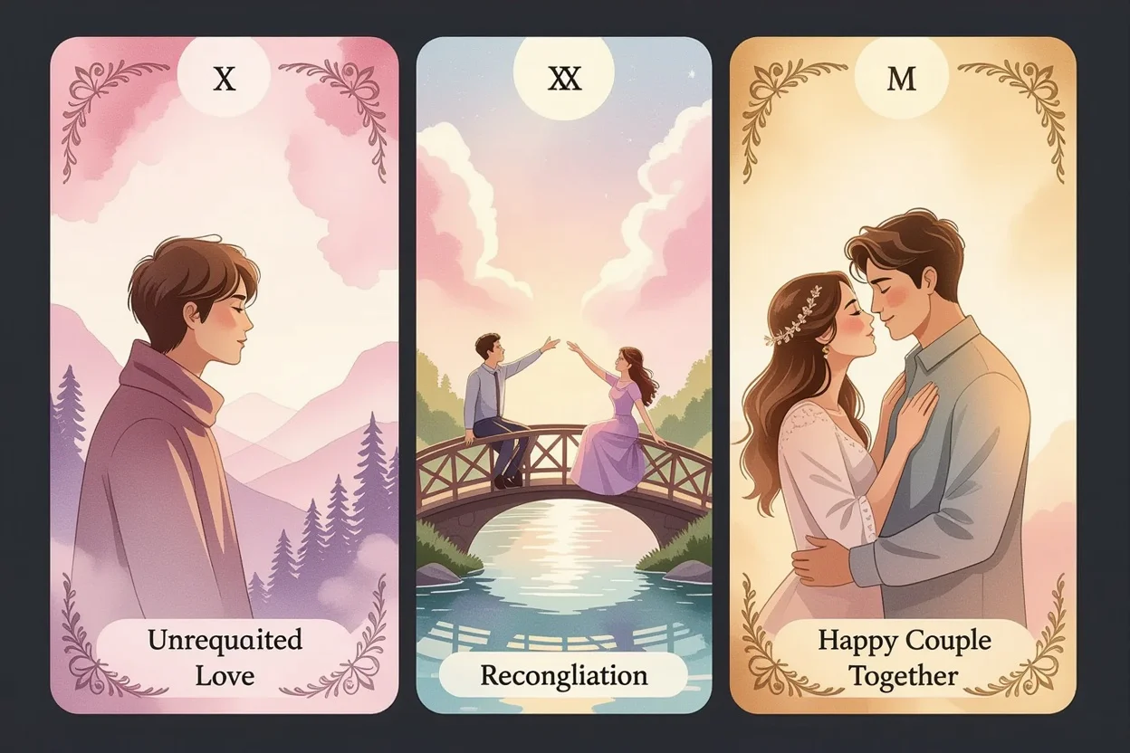 片思い・復縁・交際中の恋愛状況を表現したタロットカードのビジュアル