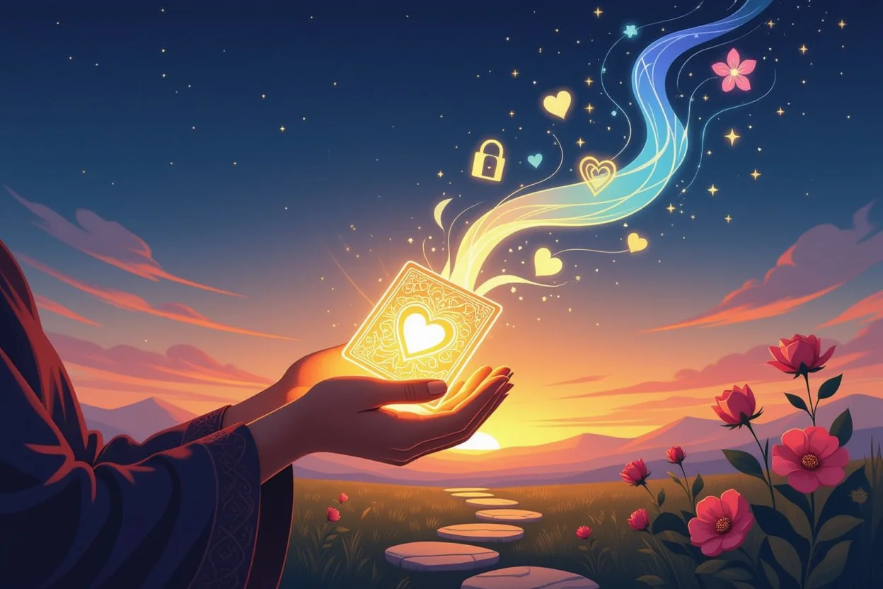 タロットカードのエネルギーが具体的な恋愛行動に変換される様子を表現したアート