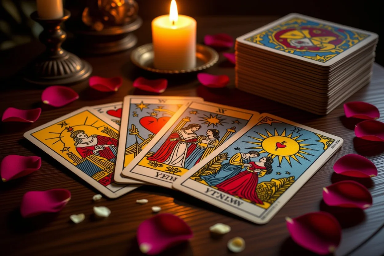 恋愛タロットカードのスプレッド、ろうそくの光とバラの花びらに囲まれた神秘的な占いのシーン
