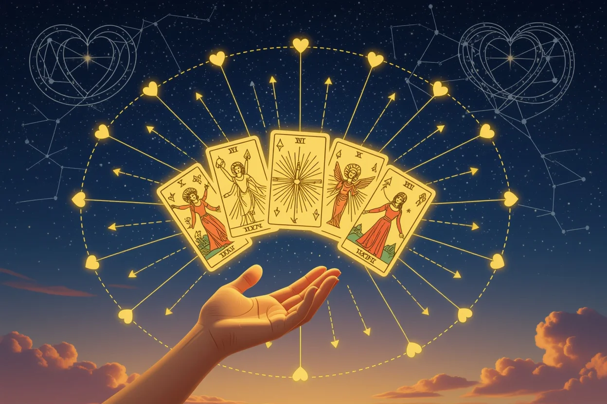 恋愛の方向性を示すタロットカード、光る矢印と星空の背景で行動指針を表現