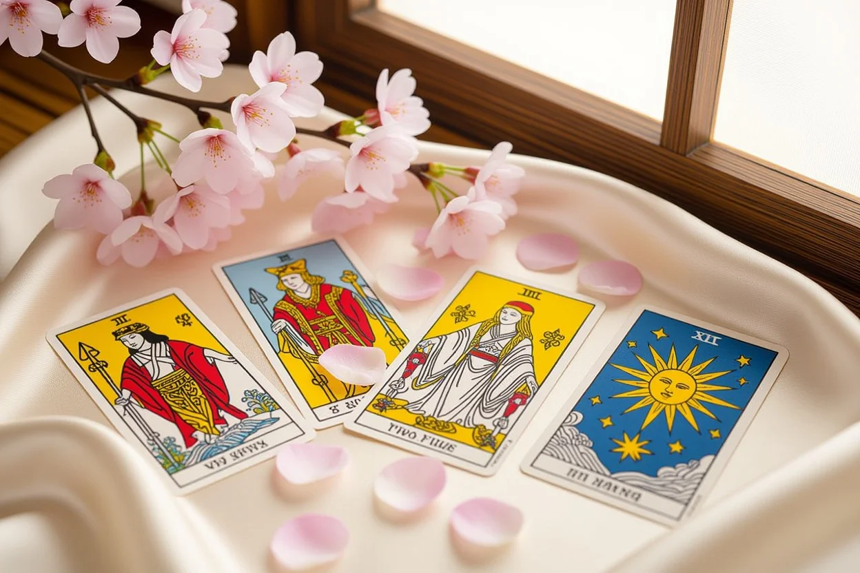 ワンドの7と恋愛関連のタロットカード、桜の花びらと朝の光で日本的な美しさを表現