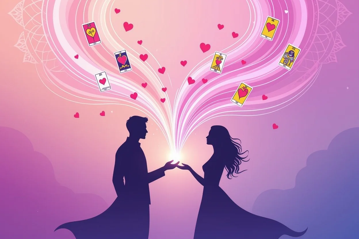 恋愛タロットのエネルギーで結ばれるカップルのシルエット、変化と成長を表現する幻想的なシーン