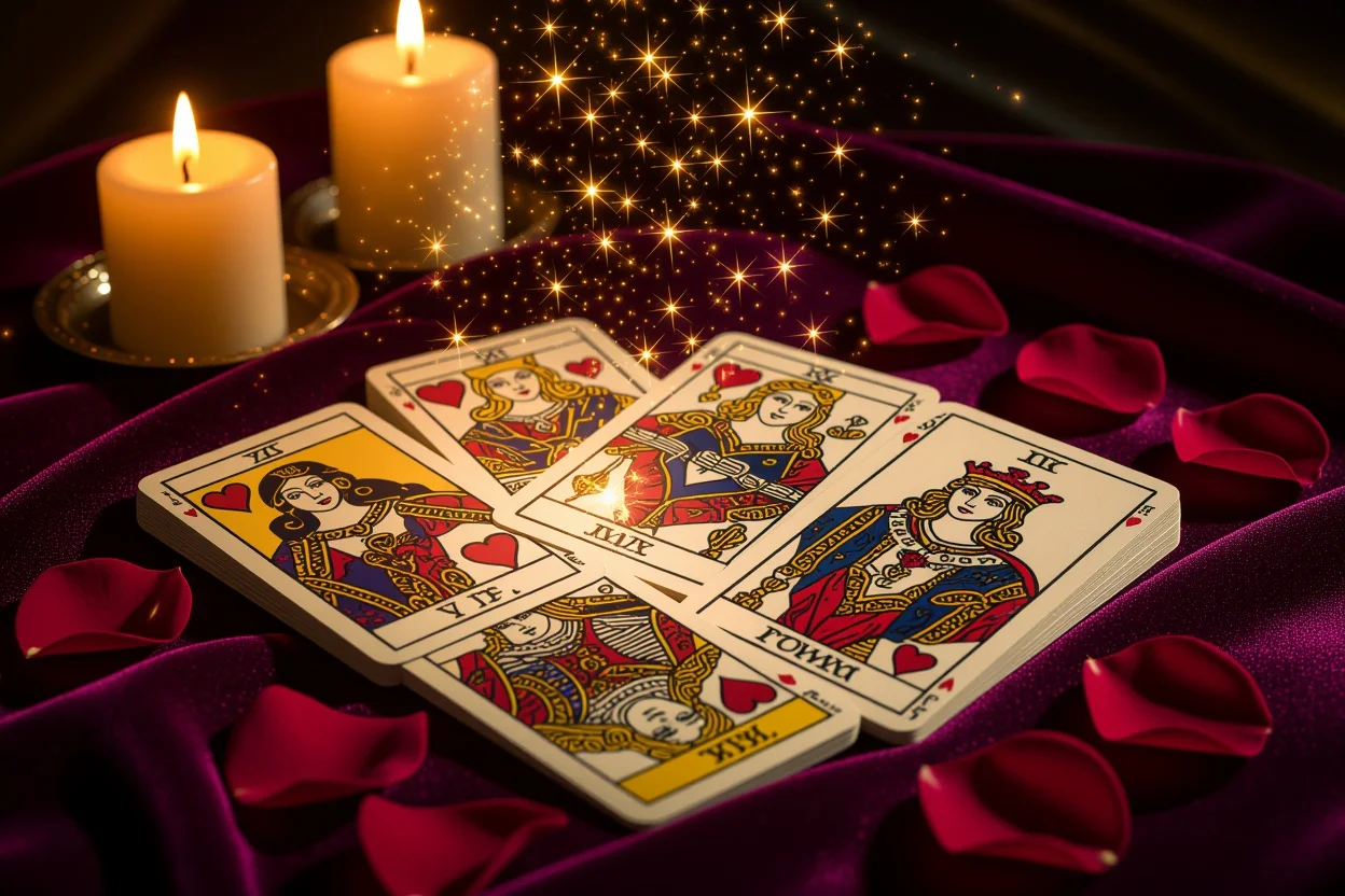 恋愛タロットカードの神秘的なスプレッド配置と幻想的な光