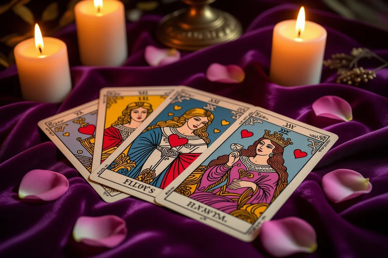 恋愛タロットカードの美しいスプレッド、ロマンチックな雰囲気で占いをする様子