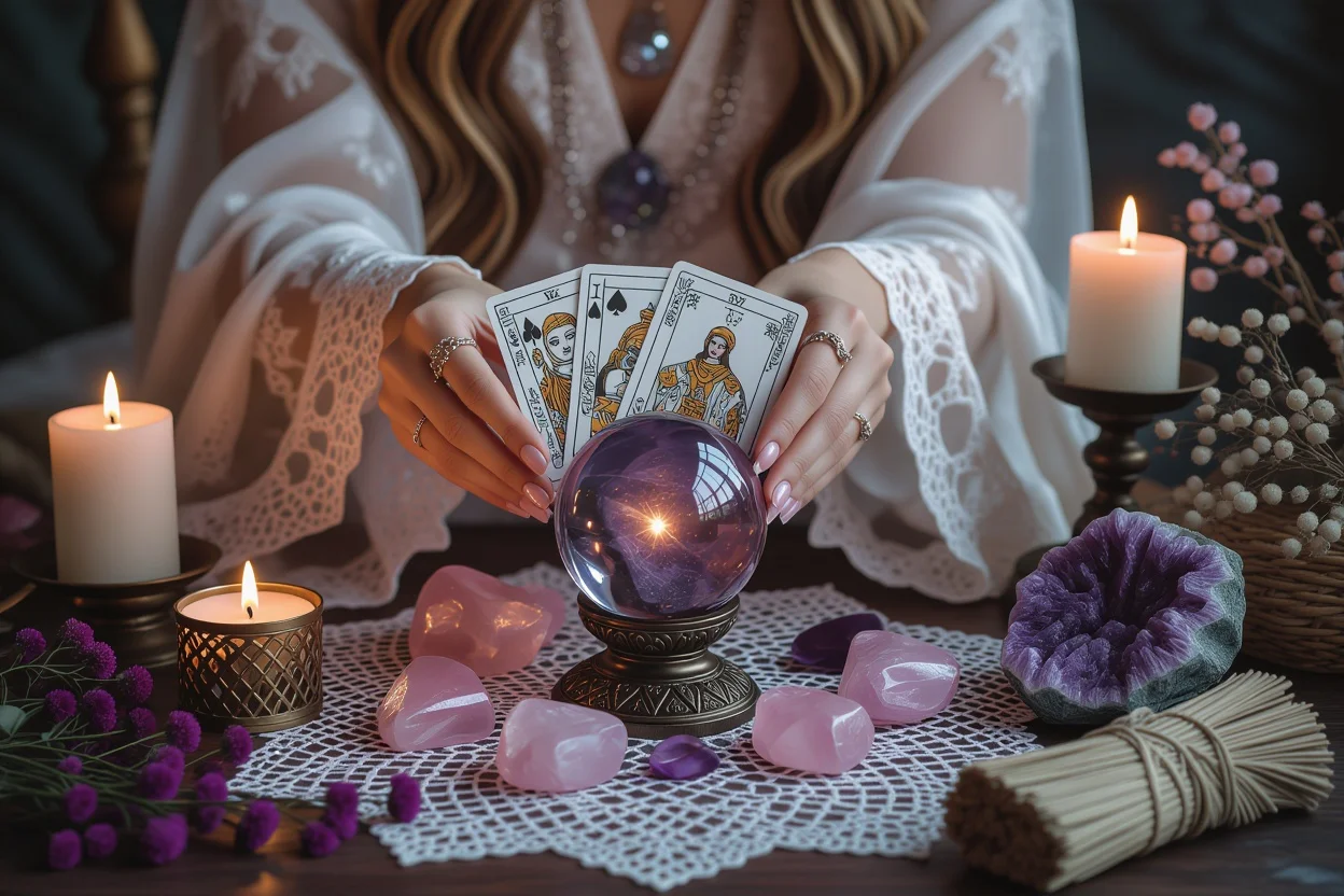 タロット占いの神秘的なシーン、クリスタルとキャンドルに囲まれた恋愛相談の様子