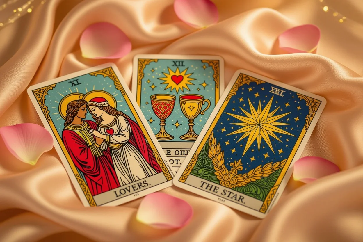 恋愛タロットの重要カード、恋人たち・カップの2・星のカードのクローズアップ
