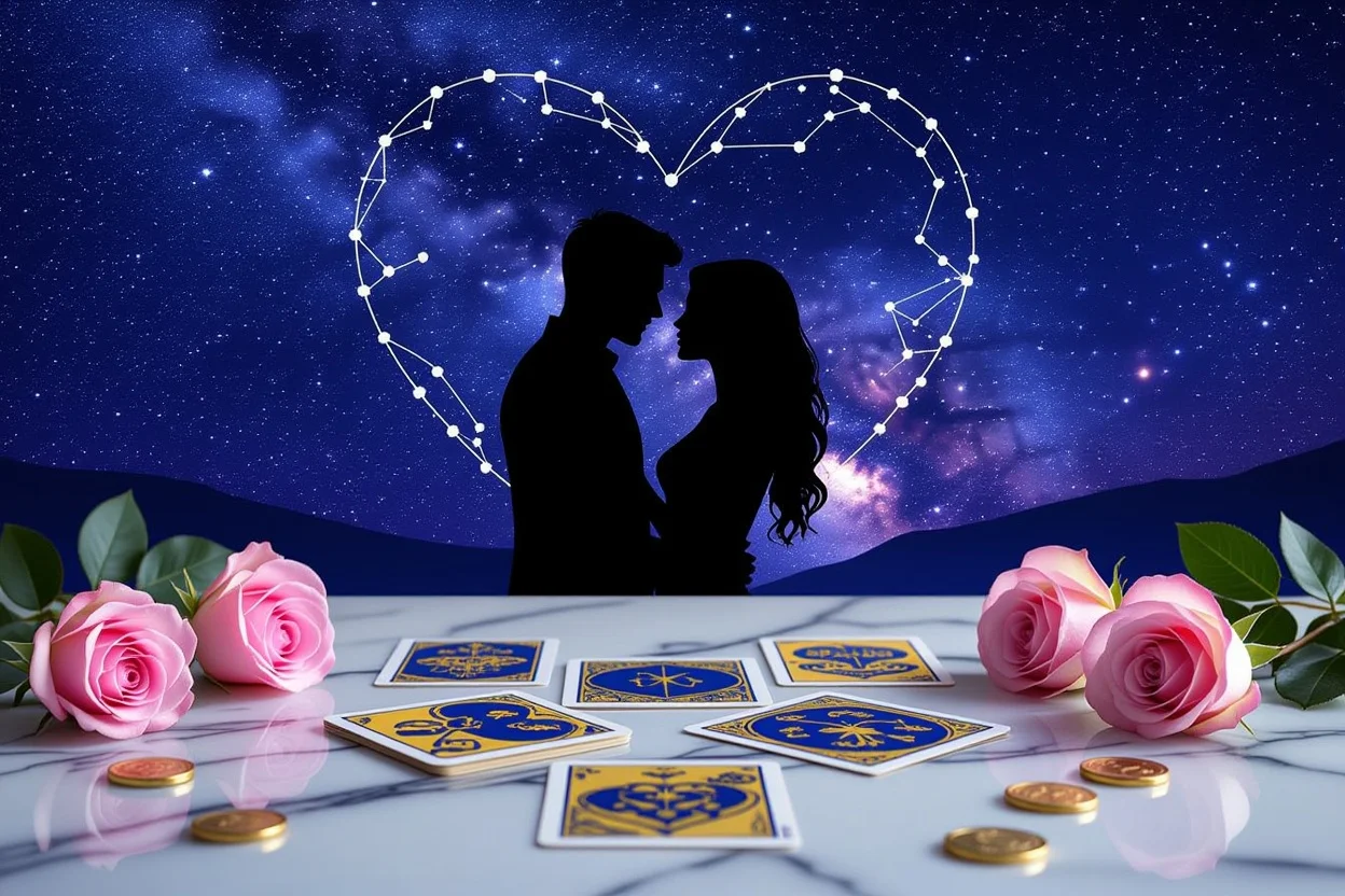 星空の下のロマンチックなカップルシルエットとハート型に並べられたタロットカード