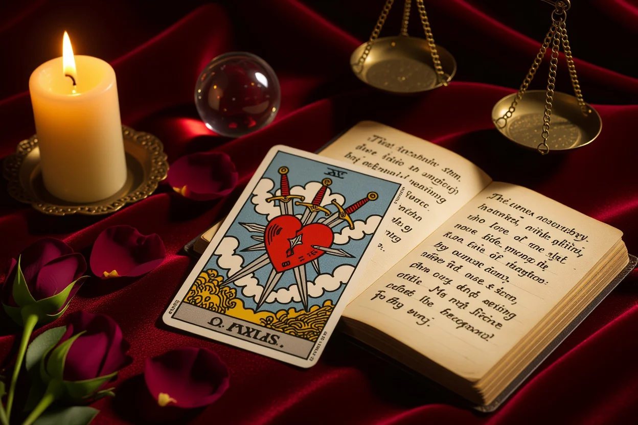 ソードの3のタロットカードと恋愛の悩みを象徴する神秘的な静物画