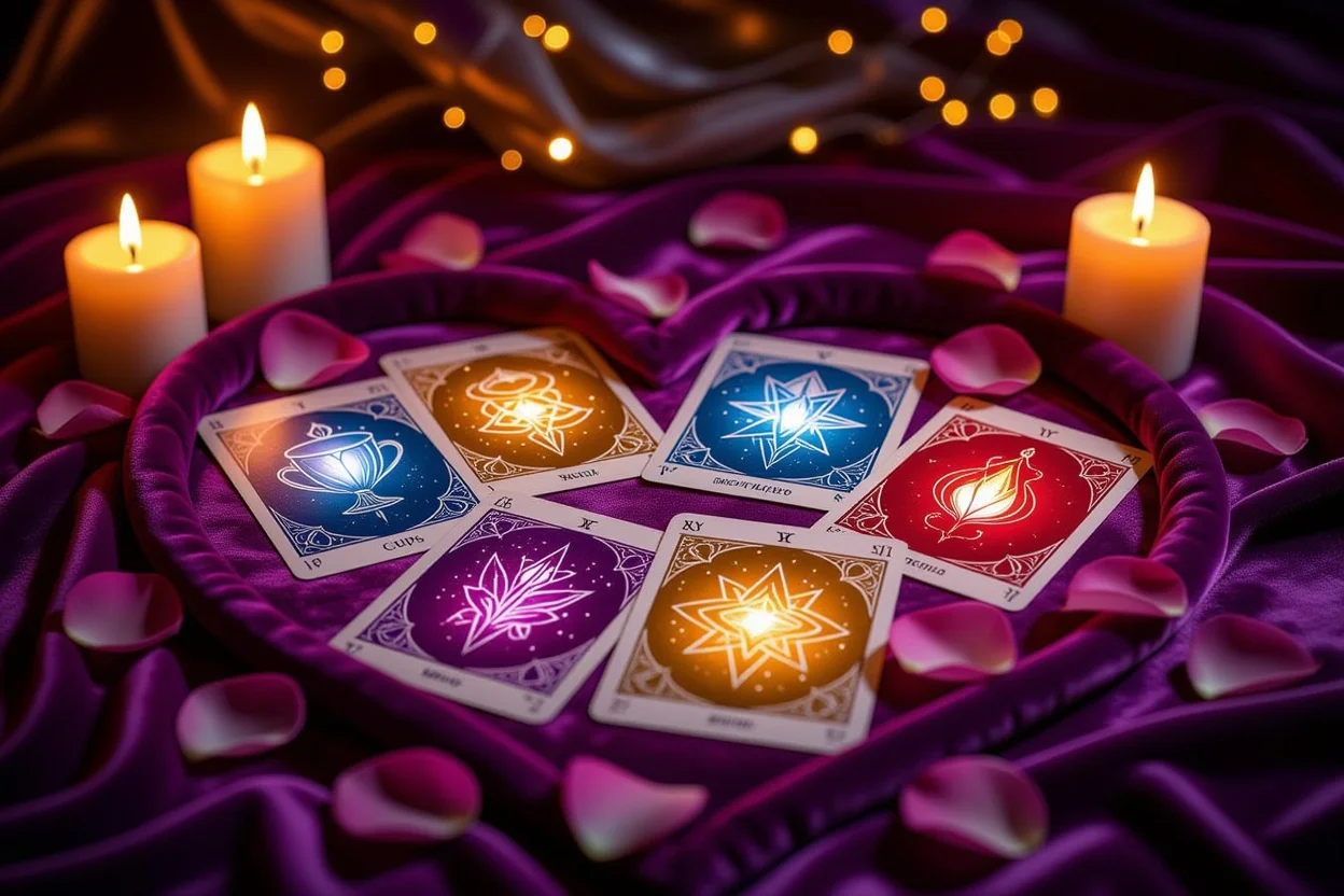 恋愛タロット占いのマイナーアルカナ4スート（カップ、ソード、ペンタクル、ワンド）が神秘的な雰囲気で配置された画像