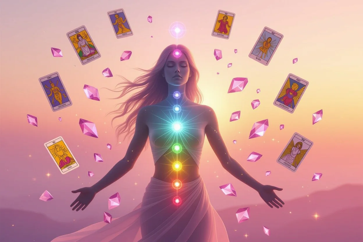 恋愛における心の壁と自己変革を表現した幻想的なイラスト、タロットカードと人間のシルエット