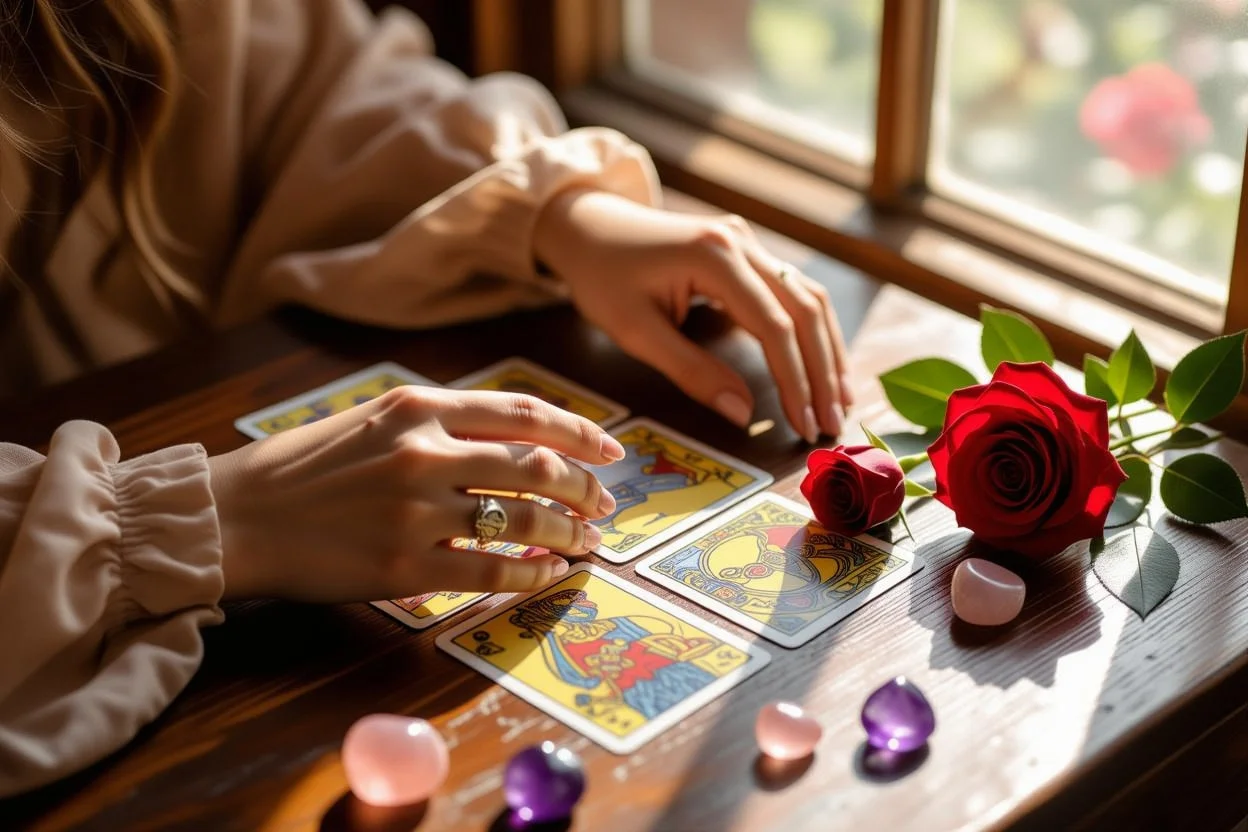 恋愛タロット占いを行う美しい手とマイナーアルカナカードの詳細な画像、ロマンチックな雰囲気