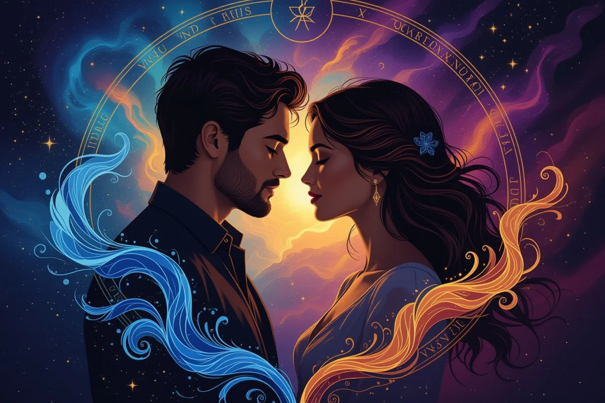 タロットの深層心理と恋愛関係を表現した幻想的なダブルエクスポージャーアート、カップルのシルエット