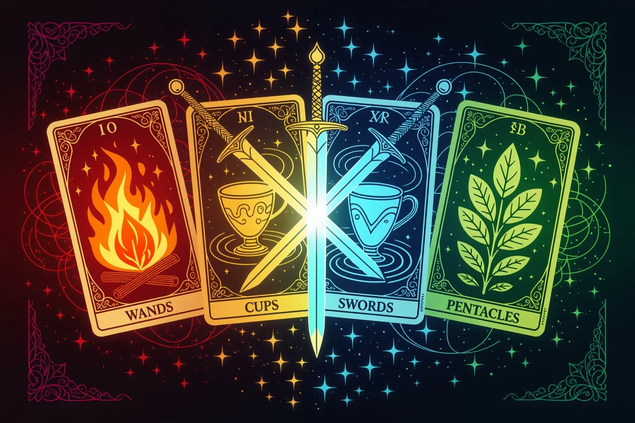 マイナーアルカナ4つのスート、恋愛における感情パターンと関係性の課題を示すタロットカード