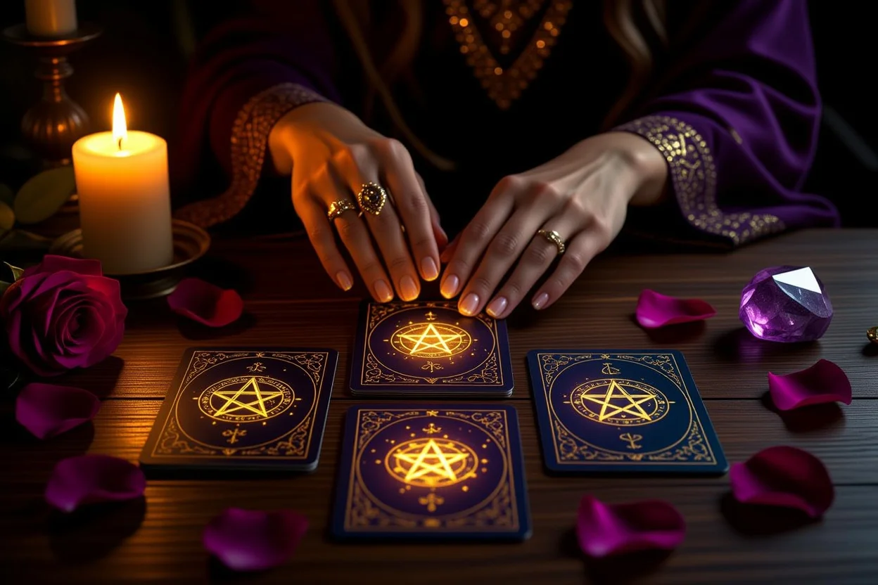 恋愛タロット・ペンタクルのカードで関係性の安定を占う神秘的なシーン