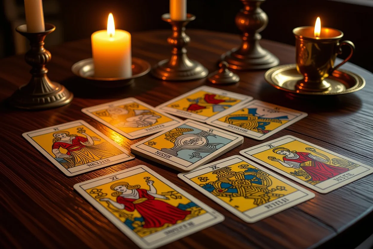 恋愛タロットの上級者向けカードリーディング、カップのマイナーアルカナが並ぶ神秘的なスプレッド