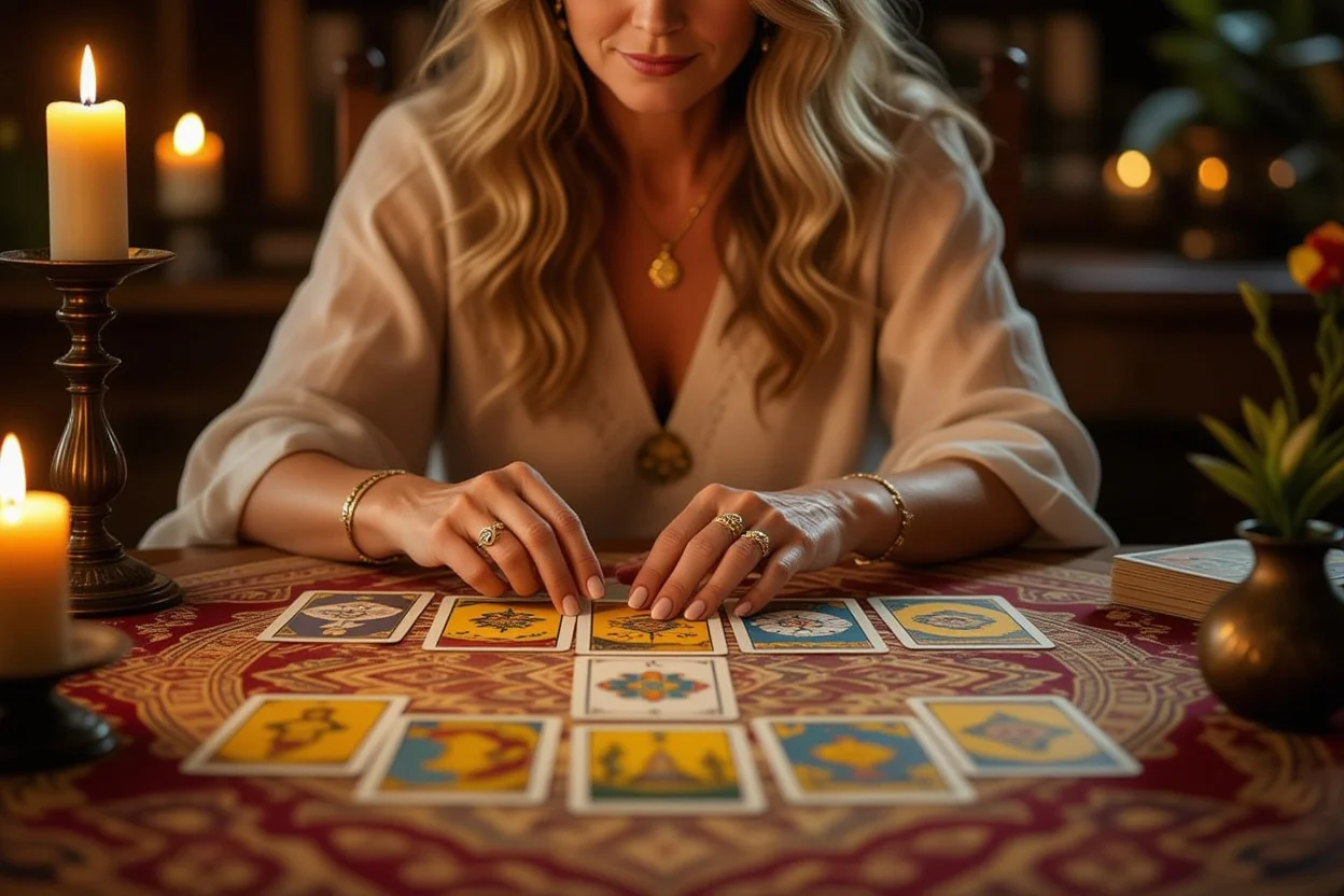 成熟した女性による恋愛タロットの深い洞察とセルフリーディングの様子