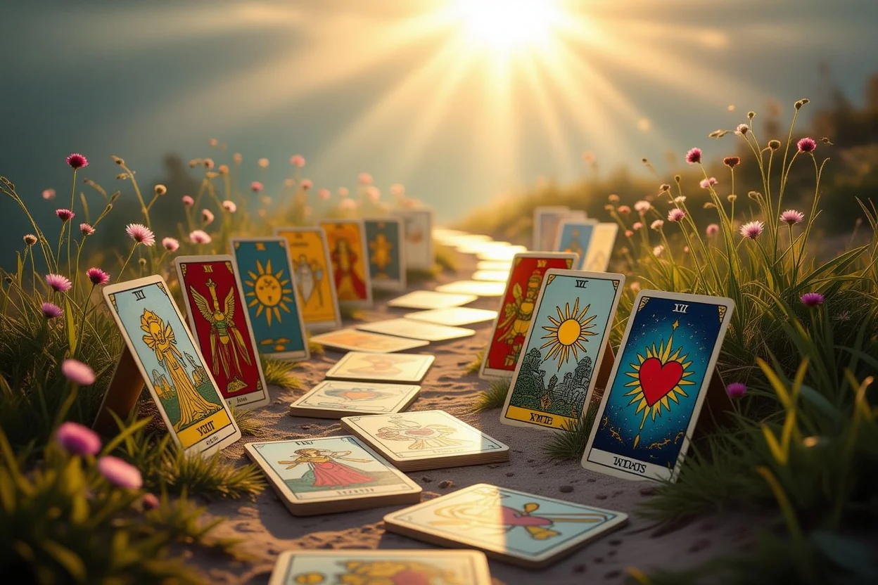 恋愛タロットを通じた自己成長と内なる旅路を表現する象徴的なアート