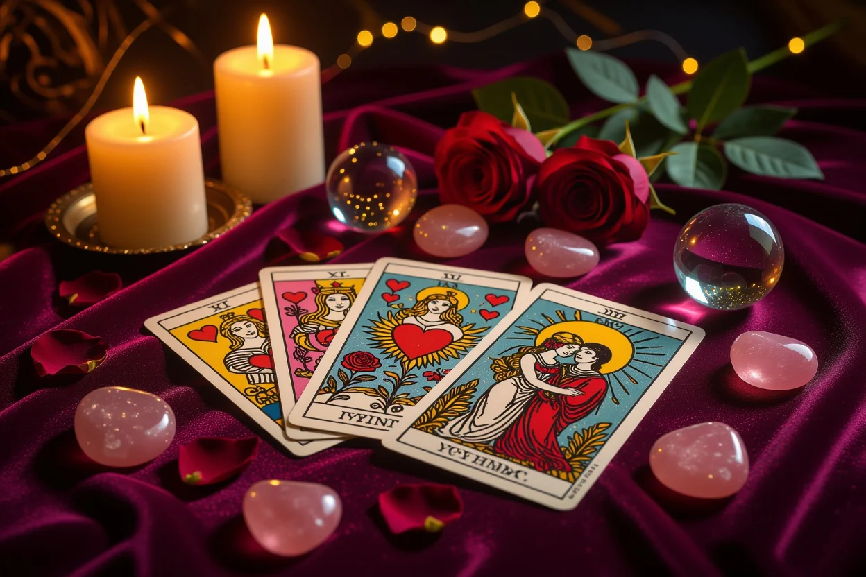 恋愛タロット占いのカードスプレッド、神秘的なキャンドルライトで照らされたロマンチックなタロットカード