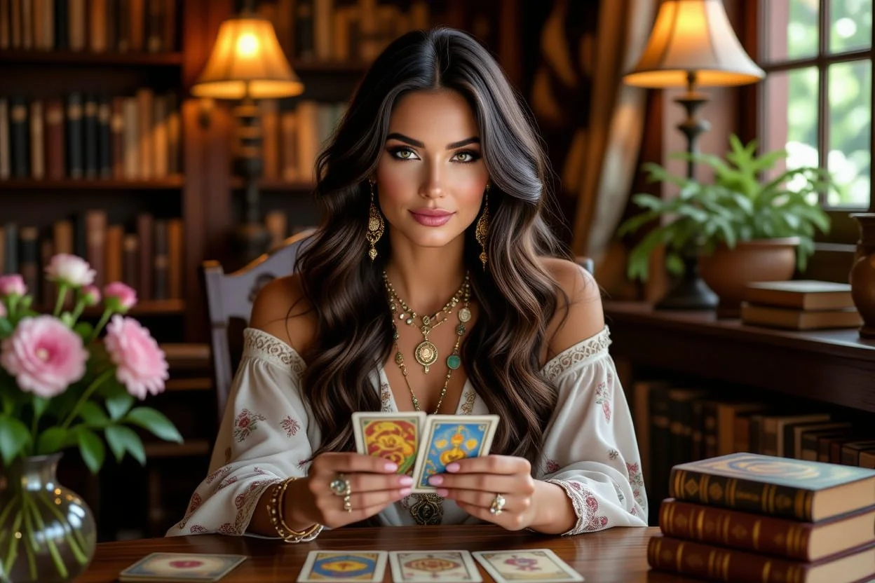 恋愛タロット占い師が愛の運命を読み解く様子、優雅で神秘的な占いの雰囲気