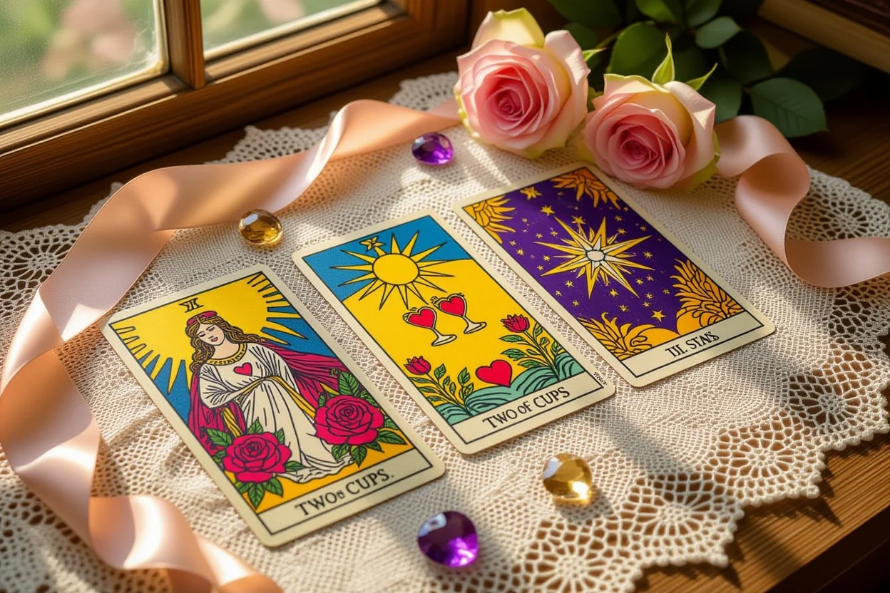 恋愛運を表すタロットカードのクローズアップ、恋人のカードと希望の星のカード