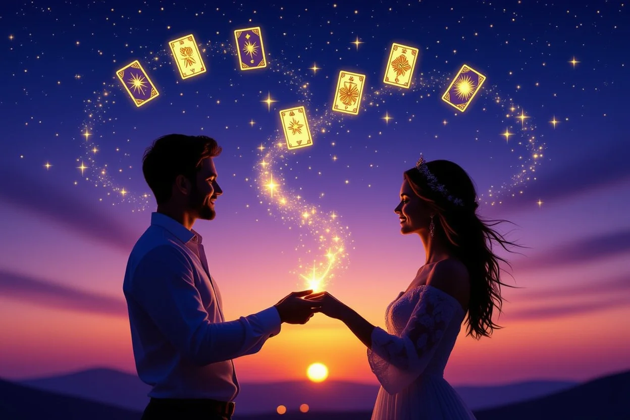 運命の相手と結ばれるカップルとタロットカードの神秘的なイメージ、恋愛運命の象徴