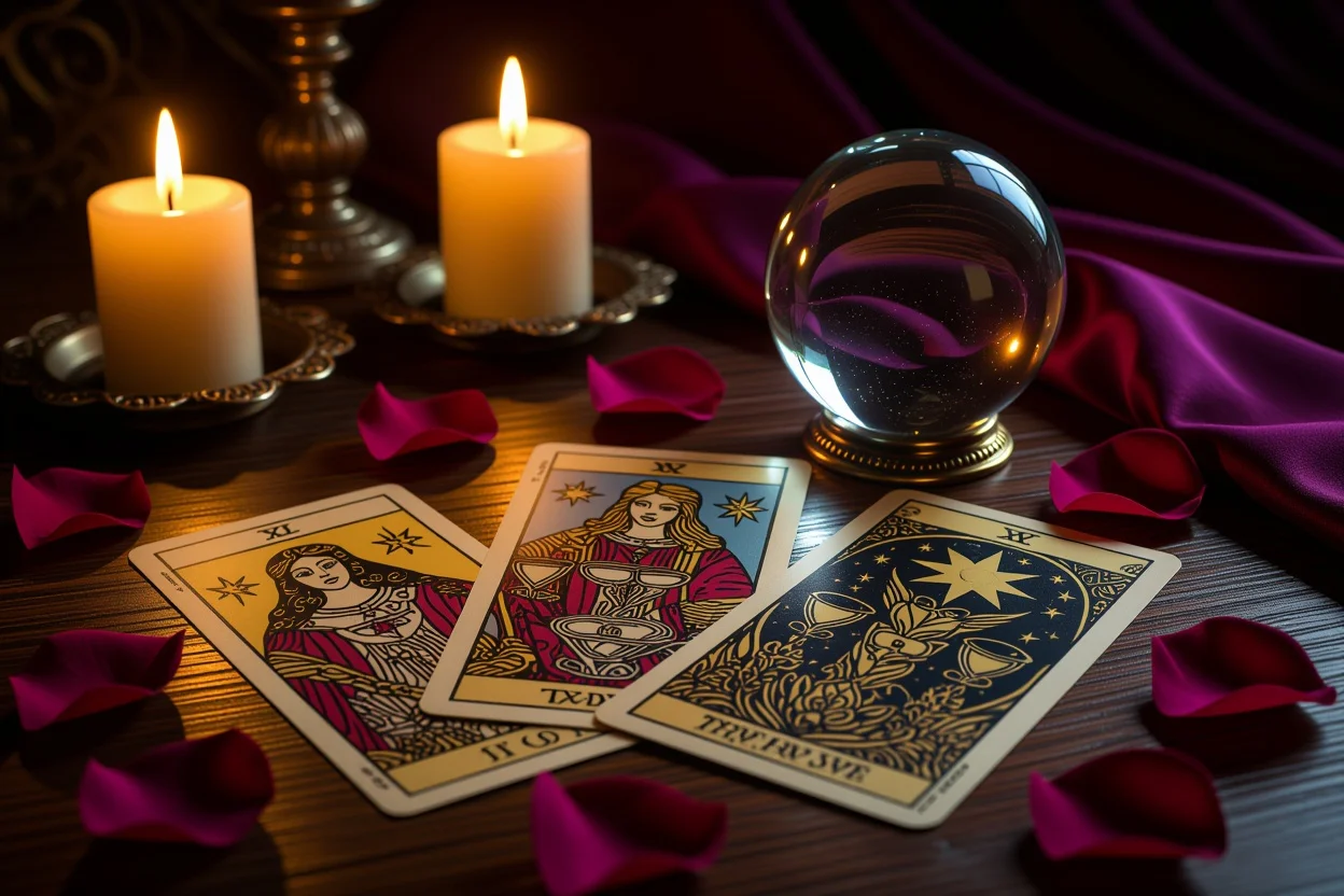 恋愛タロットカードが美しく配置された神秘的なテーブル - 恋愛運アップのためのタロット占い
