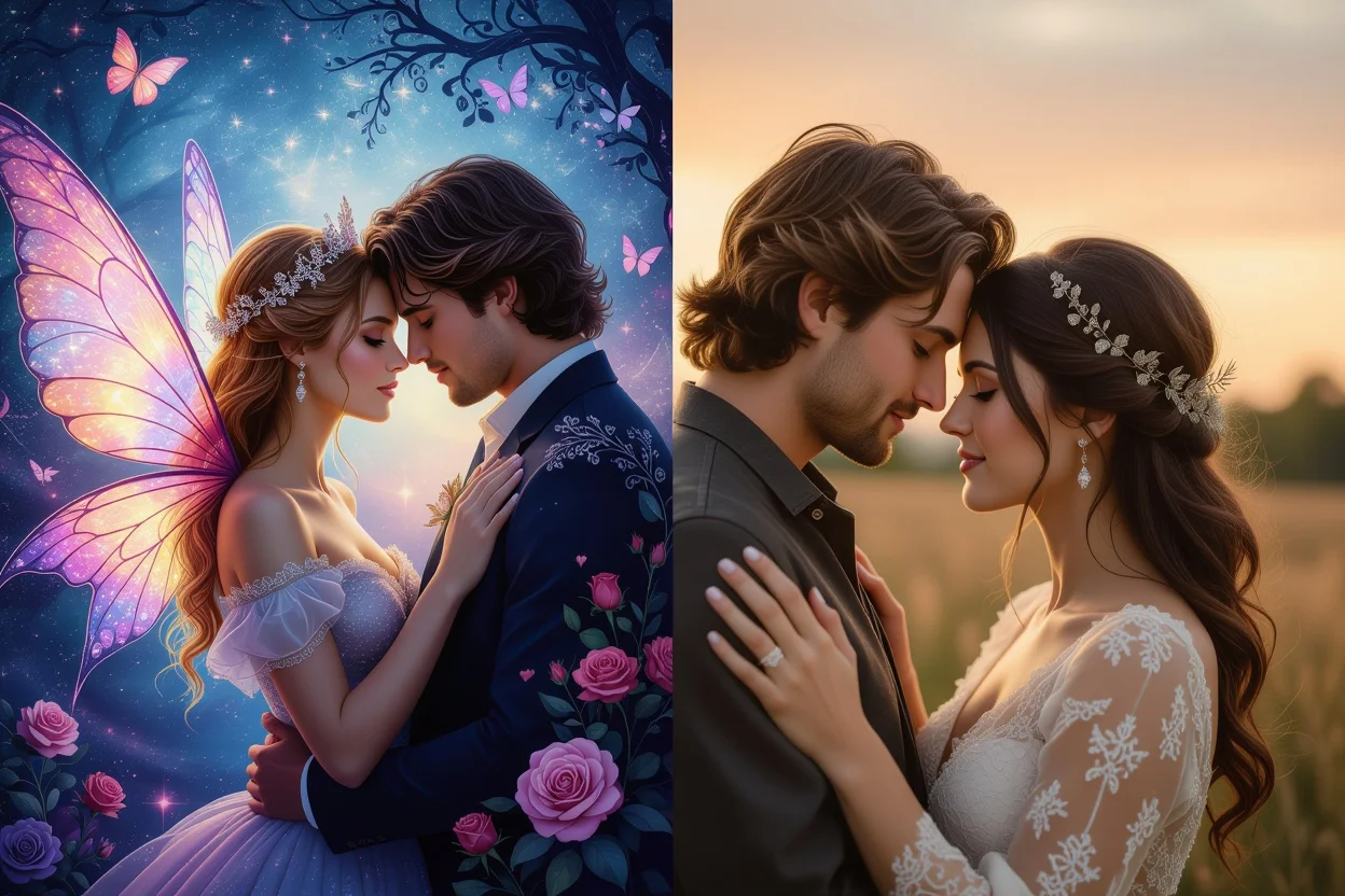 偽りの希望と真実の恋愛を対比した芸術的なイメージ - 本質的な恋愛観の違い