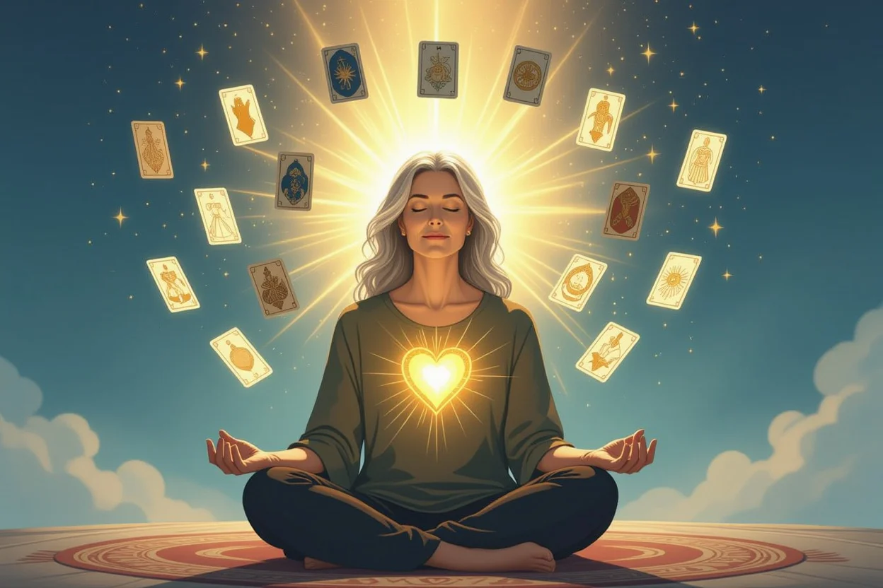 自己受容と内面の成熟を表現する瞑想する女性とタロットカード - 恋愛における自己成長