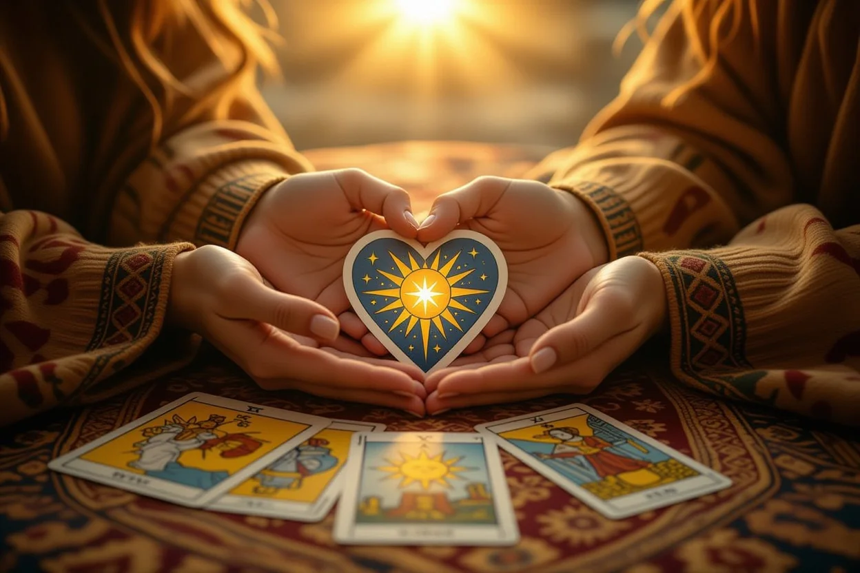 成熟した恋愛関係を象徴する手を繋ぐカップルとハート型に配置されたタロットカード