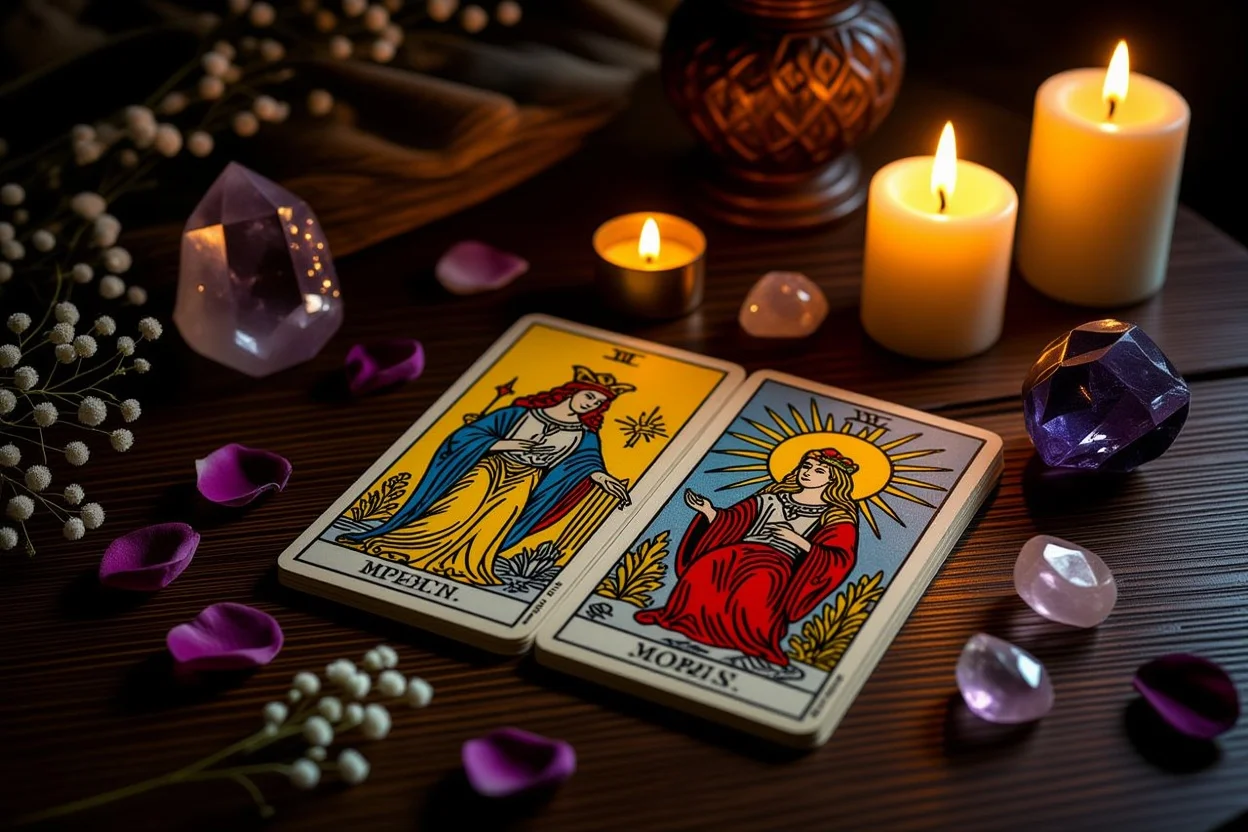 恋愛タロット占いのカードスプレッド、ろうそくの明かりで照らされた神秘的な雰囲気