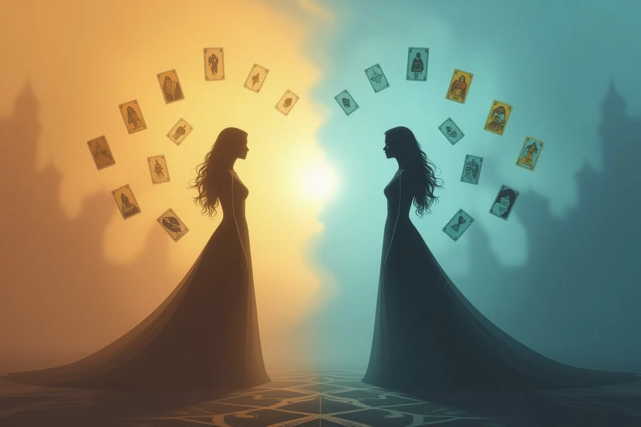 関係性の距離と別れを表現したタロットアート、二人の人影とカードの幻想的な構図