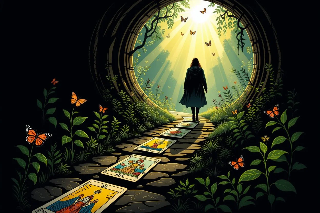 タロットの導きによる内なる成長と変革を表現した精神的な覚醒のイメージ