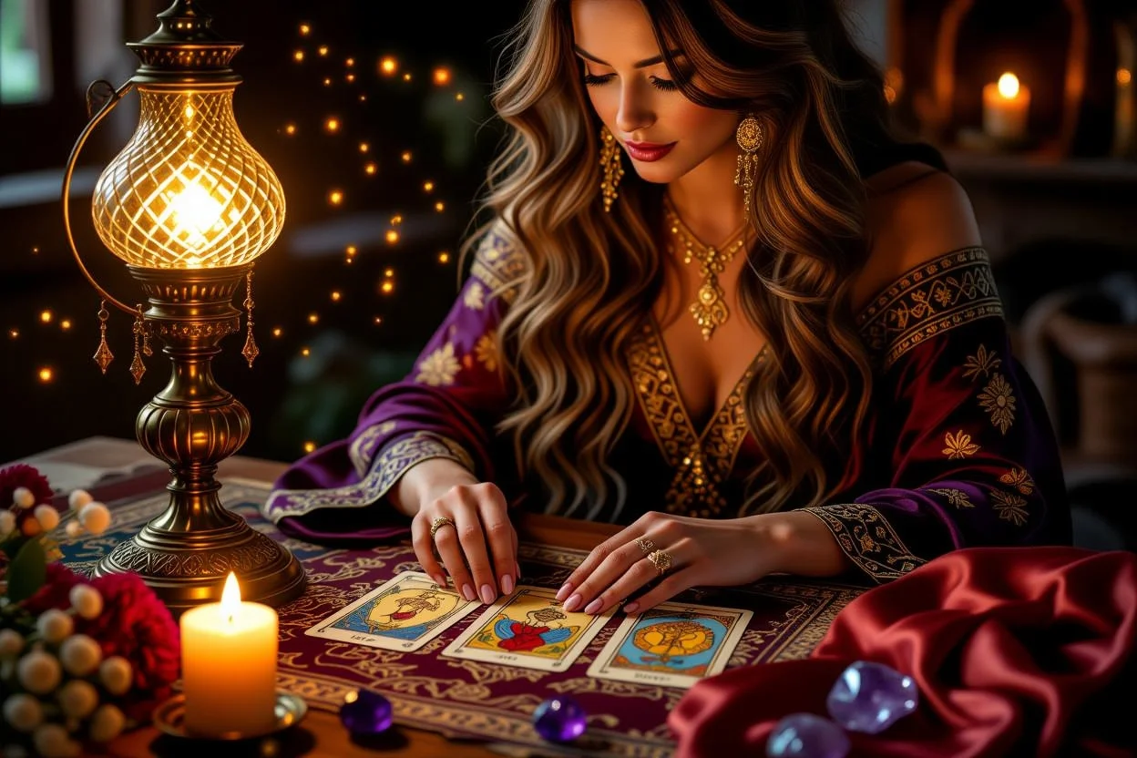 恋愛の未来を占う女性タロット占い師の神秘的なリーディング風景
