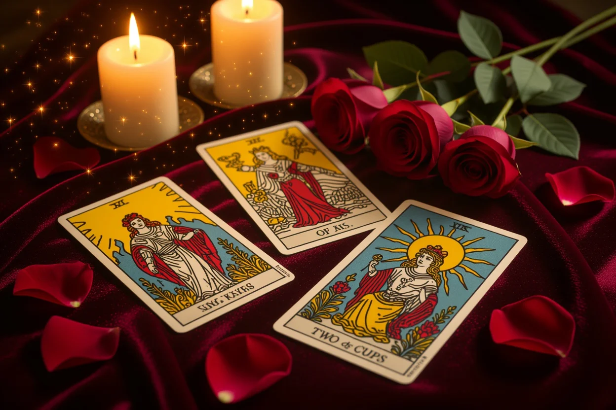 恋愛タロットカードの神秘的なスプレッド、キャンドルライトとバラの花びらに囲まれた運命を占うカード