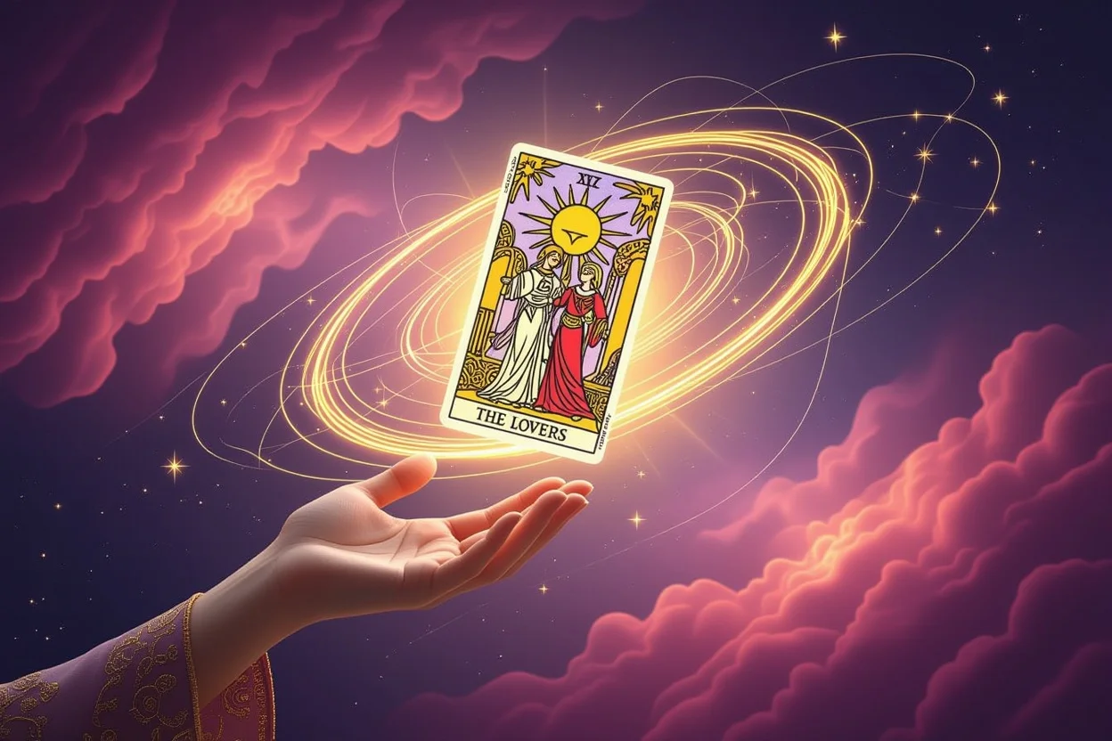 運命の糸を表現する光る恋人のタロットカード、星座と宇宙的なエネルギーに包まれた神秘的なシーン