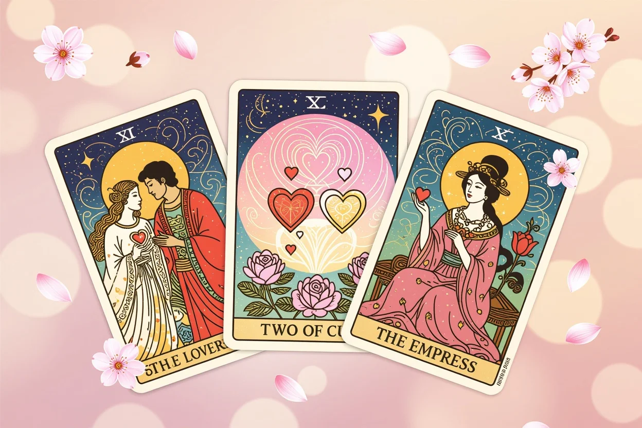 恋愛運を表す重要なタロットカード3枚、桜の花びらと共に美しく配置された神秘的な構図
