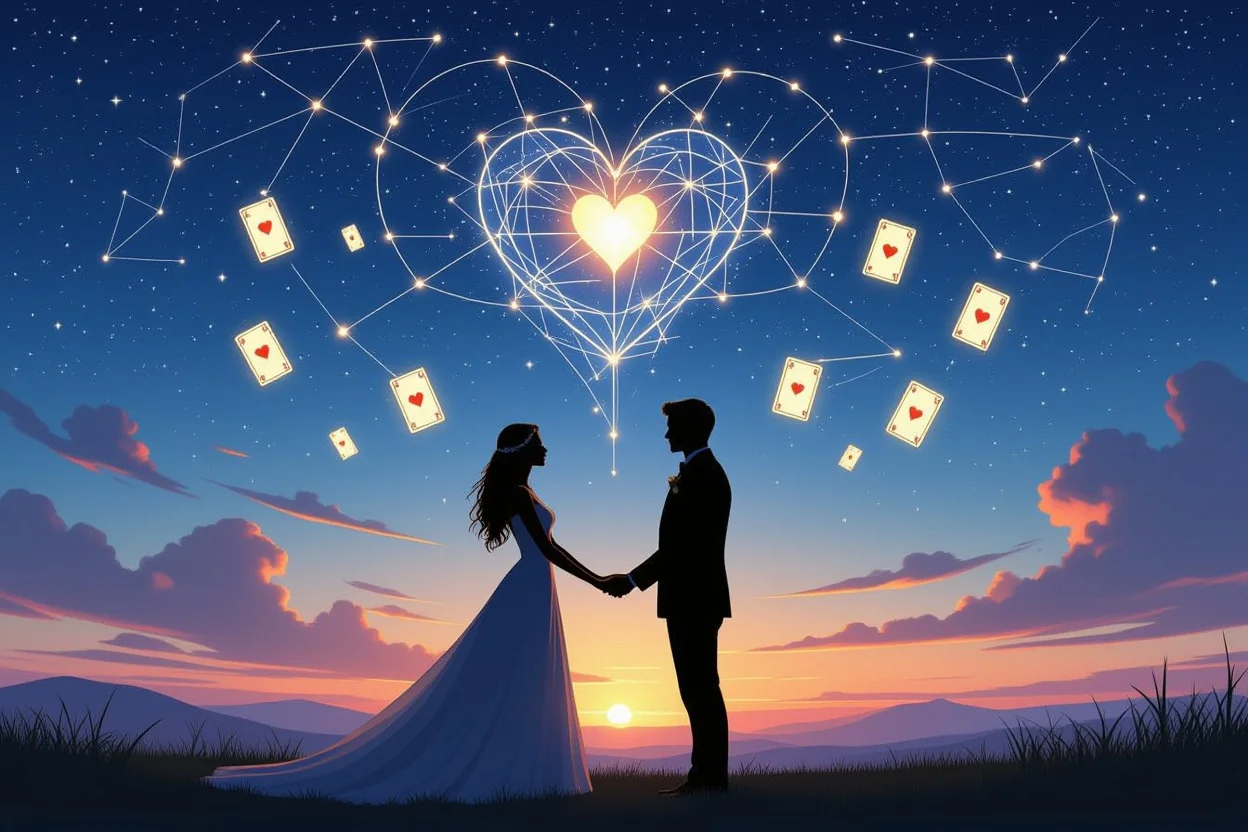 運命の恋人同士と星空のロマンチックなタロット占いイメージ