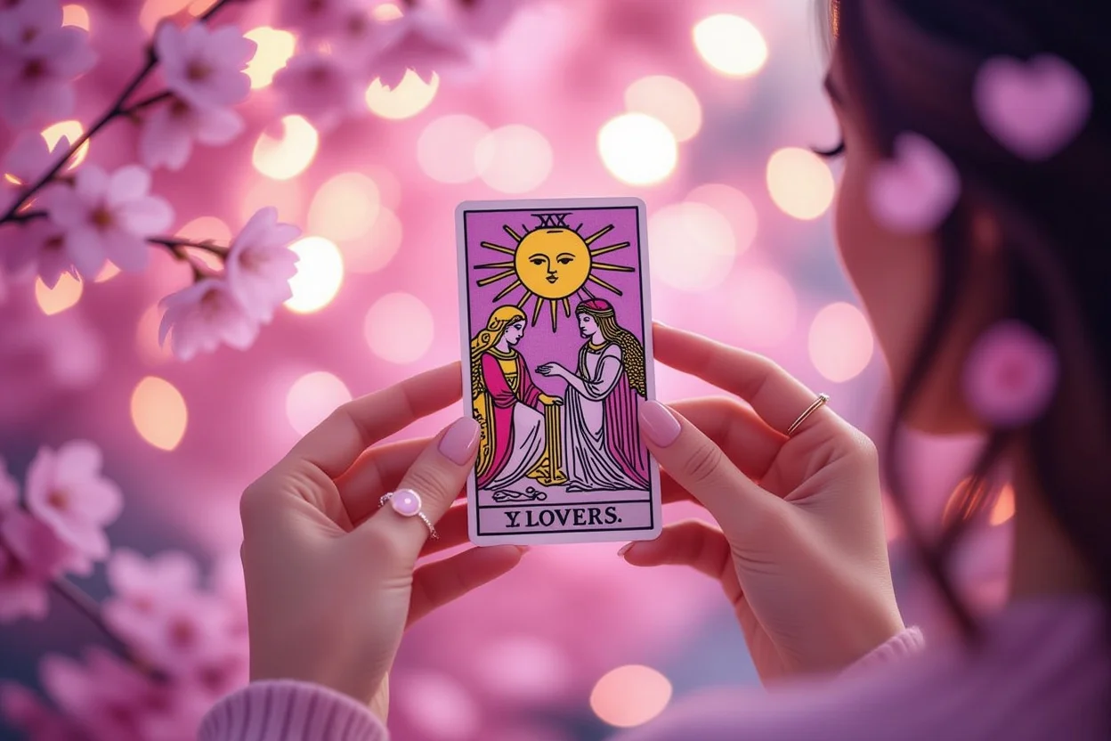 恋人のタロットカードを持つ手、恋愛占いと運命の導き