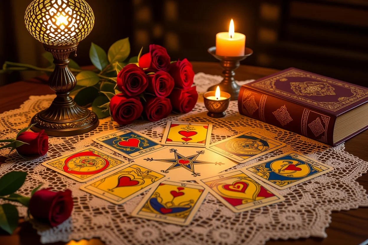 恋愛タロット占いのテーブルセッティング、占い師の神秘的な空間