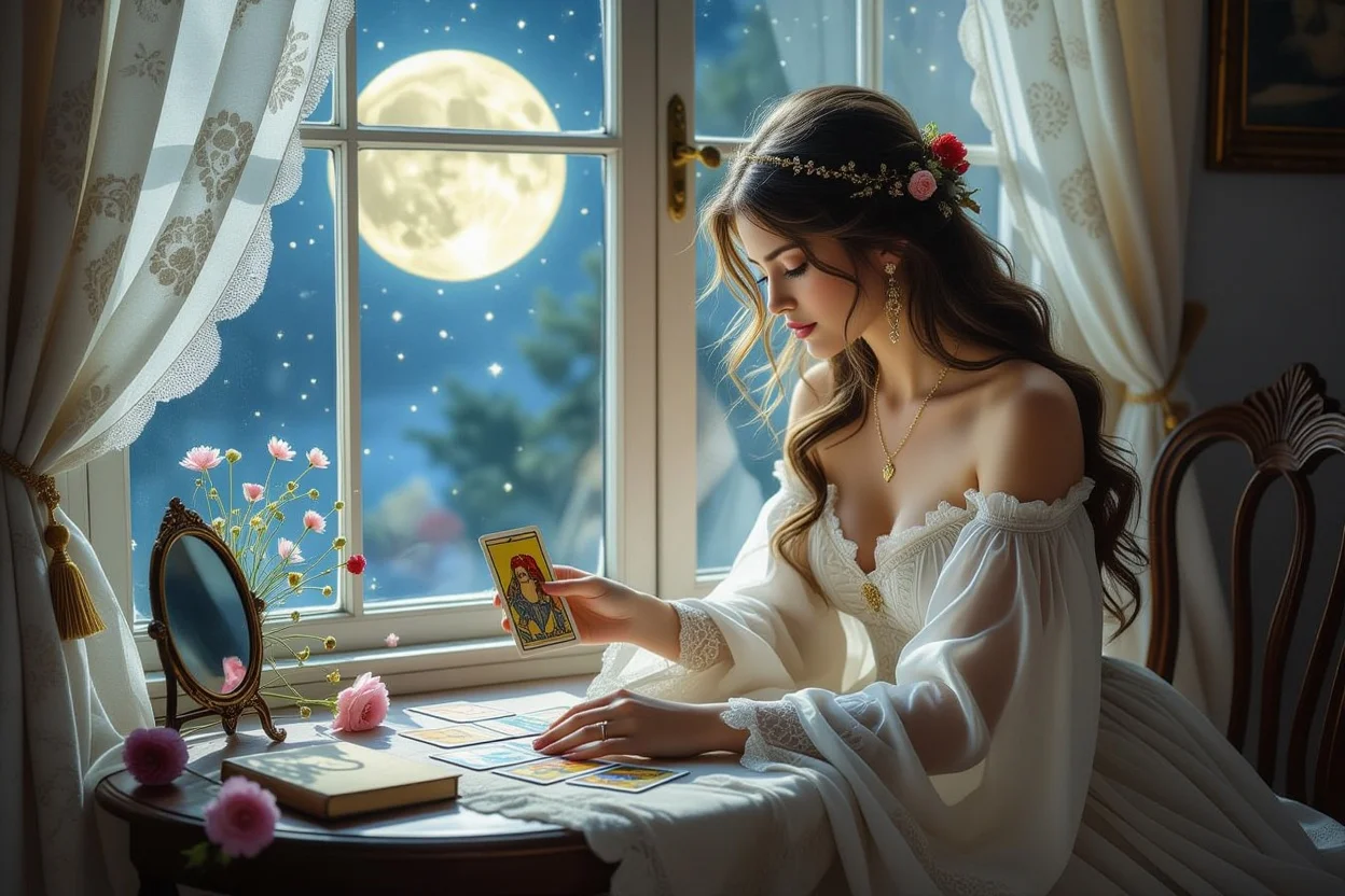 月明かりの下で恋愛タロットを占う女性、ロマンチックな占いシーン