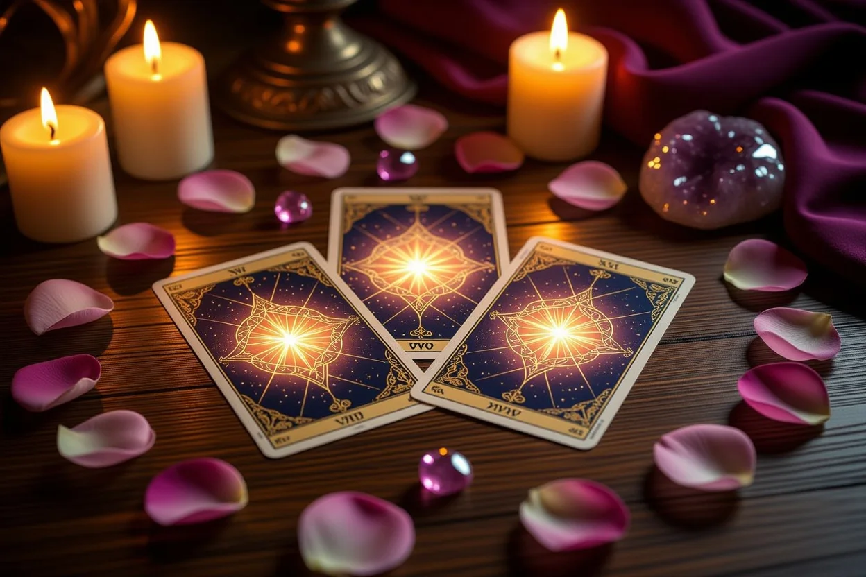 恋愛タロット占いのカードスプレッド、キャンドルとバラの花びらに囲まれた神秘的な雰囲気
