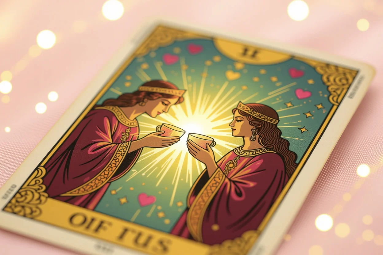 カップの2のタロットカード、愛と結びつきを象徴する神秘的な光に包まれた美しいイメージ