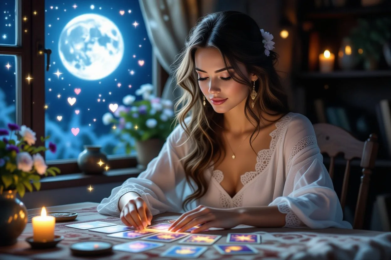 月明かりの下で恋愛タロット占いを行う女性、スピリチュアルなガイダンスを受ける神聖な瞬間