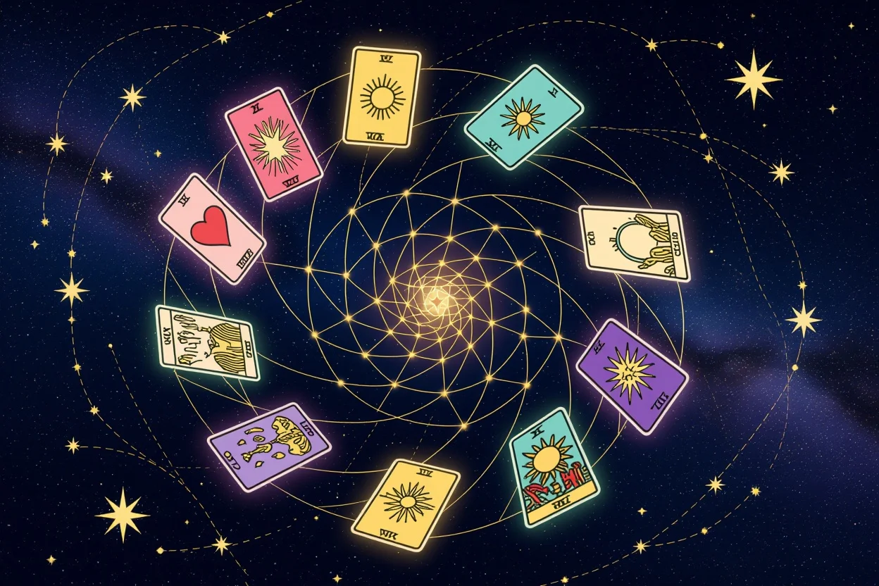 運命の恋を引き寄せる宇宙的なタロットカードの渦、星空に浮かぶ神秘的な恋愛占いのビジョン