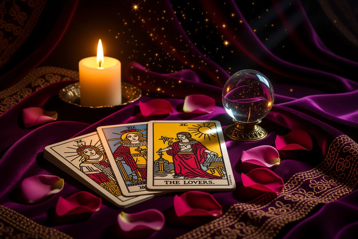 恋愛タロットカード占いのイメージ、ラバーズカードと薔薇の花びら、神秘的な雰囲気