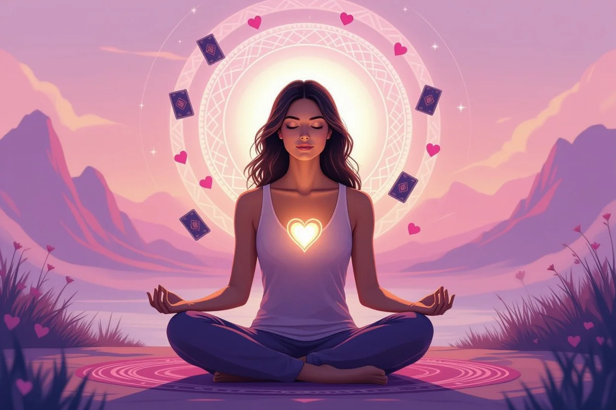 瞑想する女性と浮遊するタロットカード、内面と向き合う自己探求のイメージ